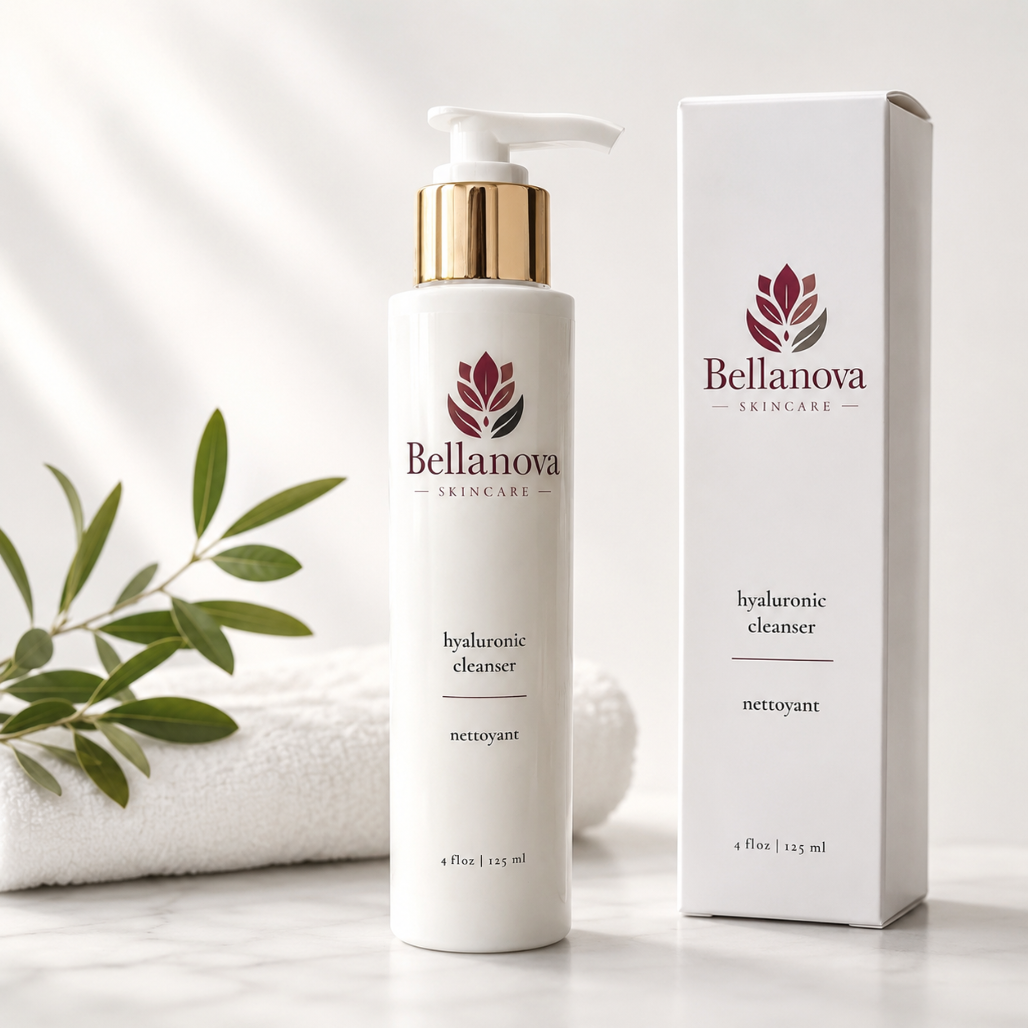 Bellanova skincare bottle and packaging on a white background with a plant.