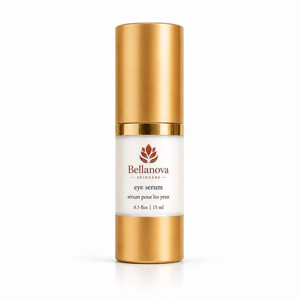 Bellanova eye serum bottle with gold cap and label on a white background