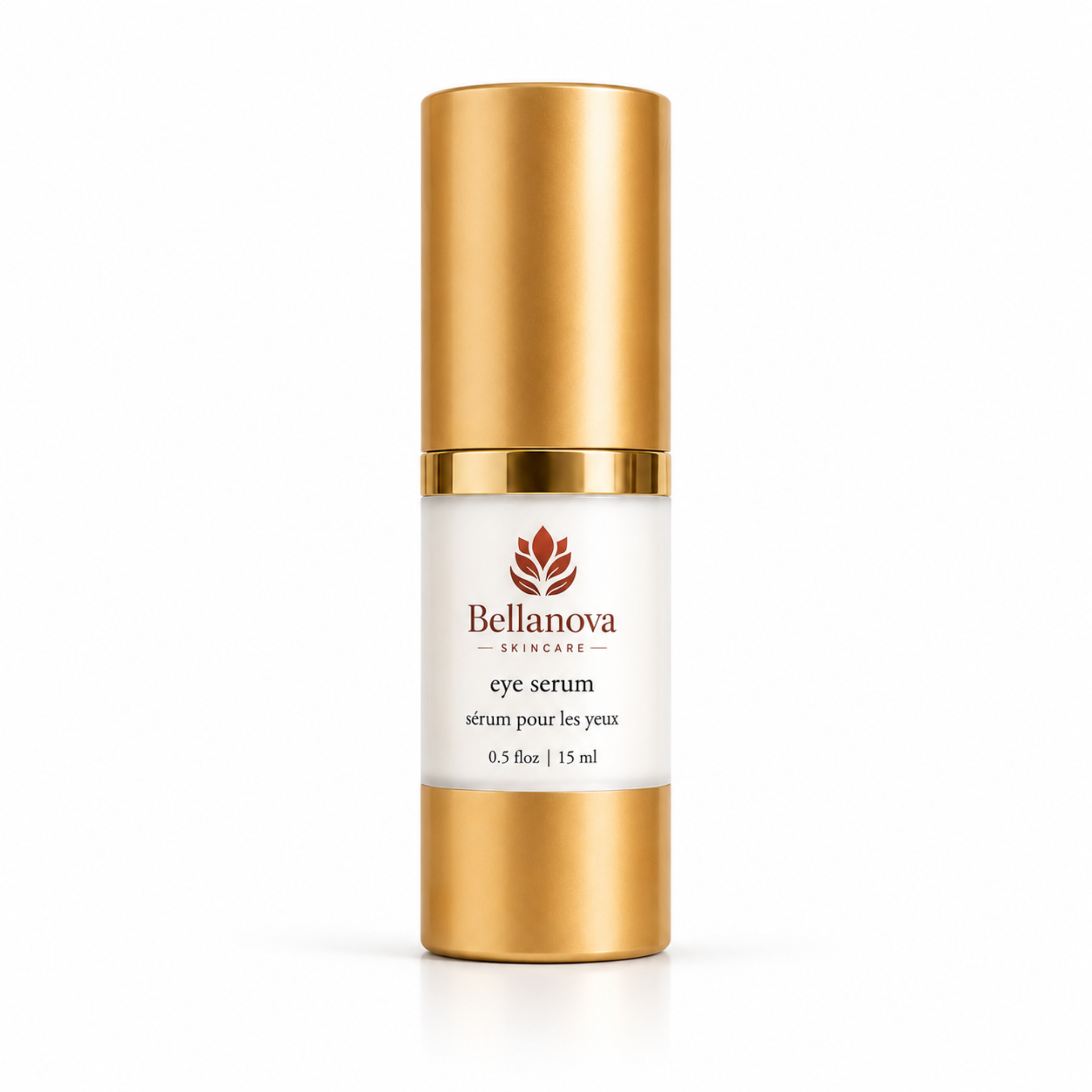 Bellanova eye serum bottle with gold cap and label on a white background