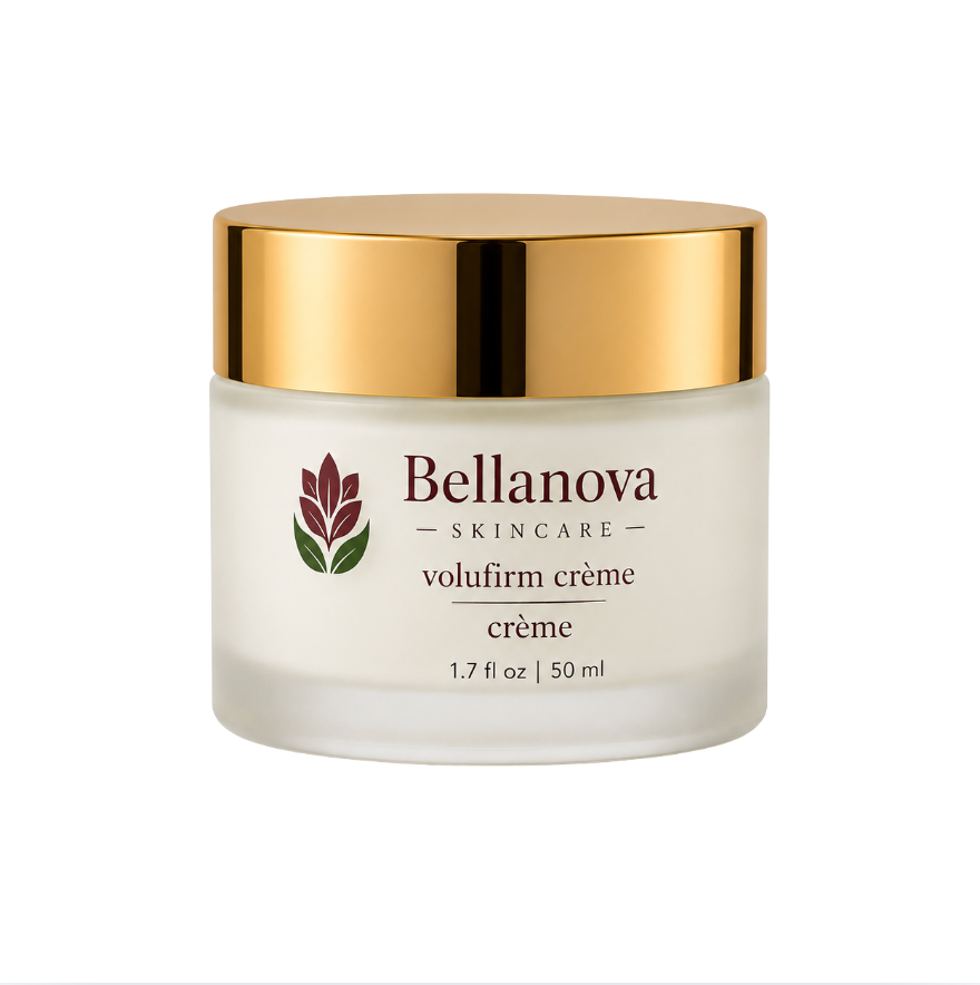 Bellanova Skincare volufirm crème jar with gold lid on a white background