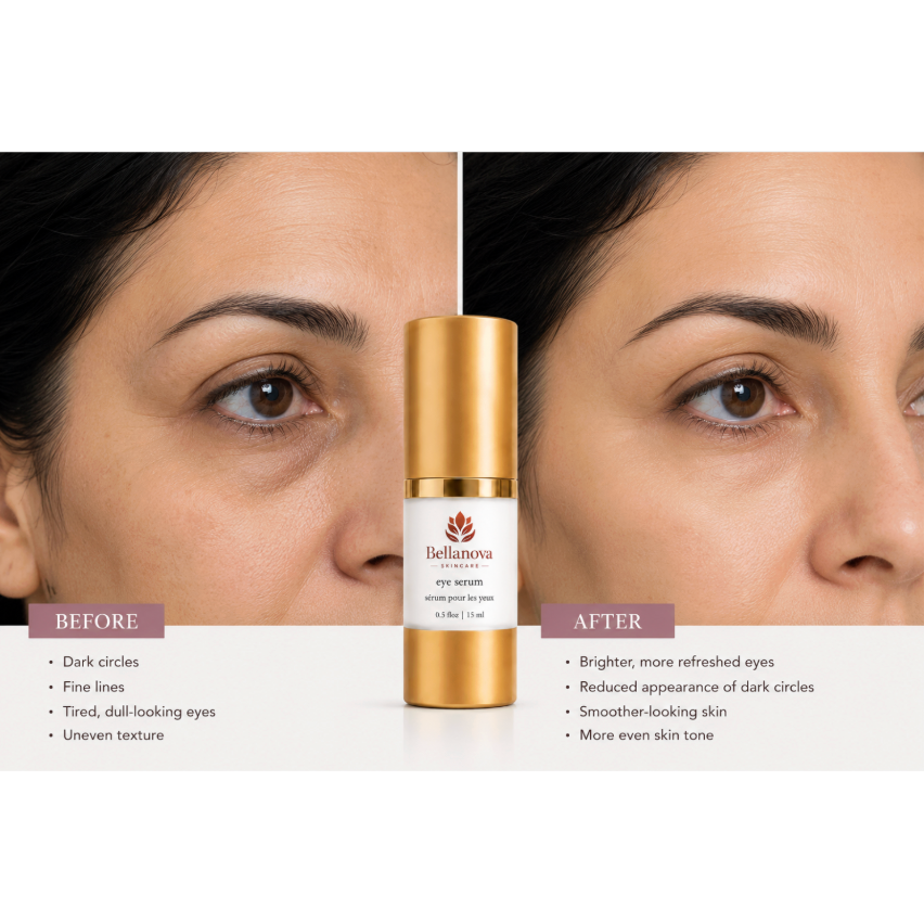 Bellanova London Eye Serum before and after comparison on a woman's eyes, showing dark circles and tired-looking eyes on the left, and brighter, more refreshed eyes on the right, with the gold and white eye serum bottle centered between the two panels.